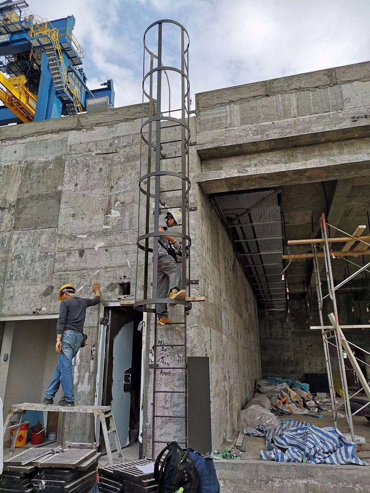 訂造不鏽鋼及鉛水鐵天台攀梯工程-Fixed-Vertical-Ladder-with-Safety-Cage-不銹鋼貓梯工程連背環